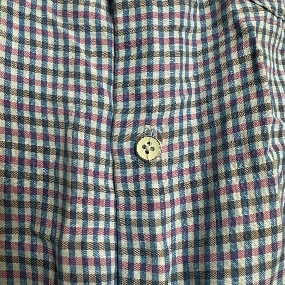 Peter Millar Mens Blue Pink Plaid Silk Linen Short Sleeve Button Up Shirt Sz L - Picture 9 of 10